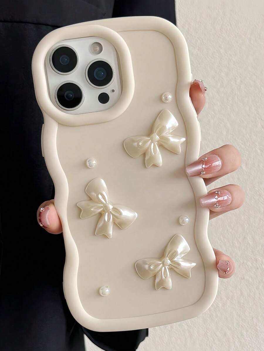1件装奢华奶油白3D仿珍珠蝴蝶结波浪边防震、防滑、防刮手机壳，专为 17 Pro Max、 17/16/15/14/13/12/11系列、S20-S25系列、Note 14/13/12系列和A56 5G设计，是送给女性的完美情人节/生日礼物/新年礼物。 - 白色 - 查看 1