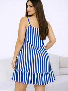Women's Short Dress, Conservative/Modest, Fabric, Hem With Ruffle, Vacation Dress, Home Dress - 藍色條紋 - 查看 2