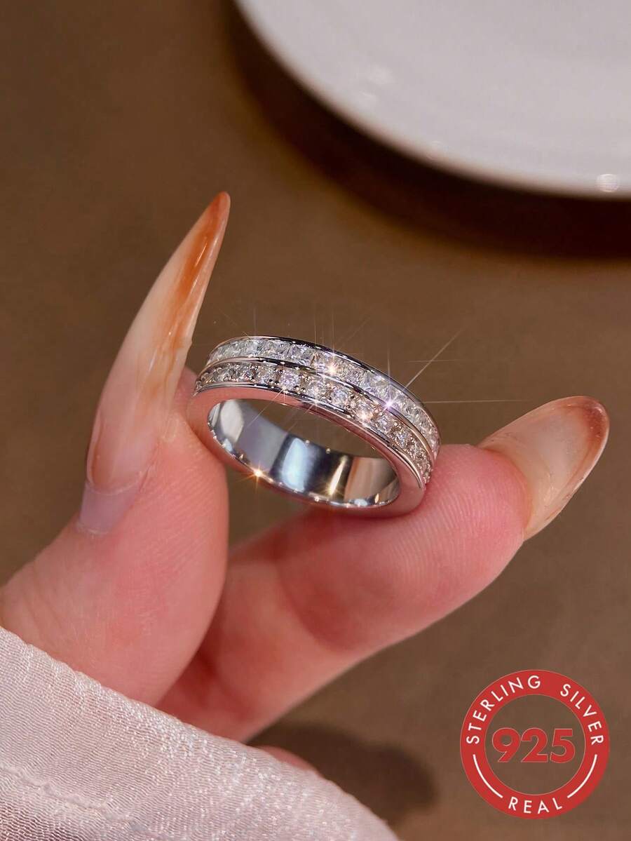 1pc 925 Sterling Silver Classic Double Circle Full Star Cubic Zirconia Ring, Women's Jewelry Gift For Birthday, Party, Daily Wear - Ring - View 1