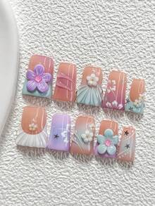 10Pcs Dreamlike Fairytale Style Handmade Nail Art Set,Unghie Press On,Flower And Star, Five Petal Flower,Purple, White And Green Nail Polish,Includes Nail Tools,3 Sizes Available,Almond Nails , Duck Nails,Coffin Nails For Party, Dance, Daily Wear. - 彩色 - 查看 11