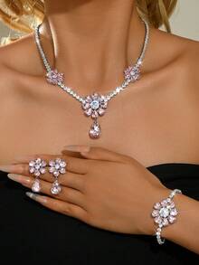 Bộ 4 dây chuyền pha lê lấp lánh hình hoa thời trang dành cho cô dâu, bộ trang sức thanh lịch phù hợp cho đám cưới, tiệc tối sang trọng và những buổi dạ hội cao cấp. - 4 cái - Xem 3