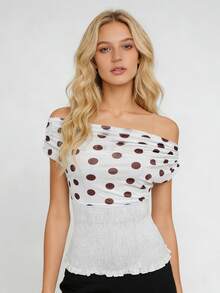 Women's Y2K Aesthetic Off Shoulder Tops Summer Mesh Dot Print Shirred Tops Slim Fit Shirts Streetwear - 白色 - 查看 2