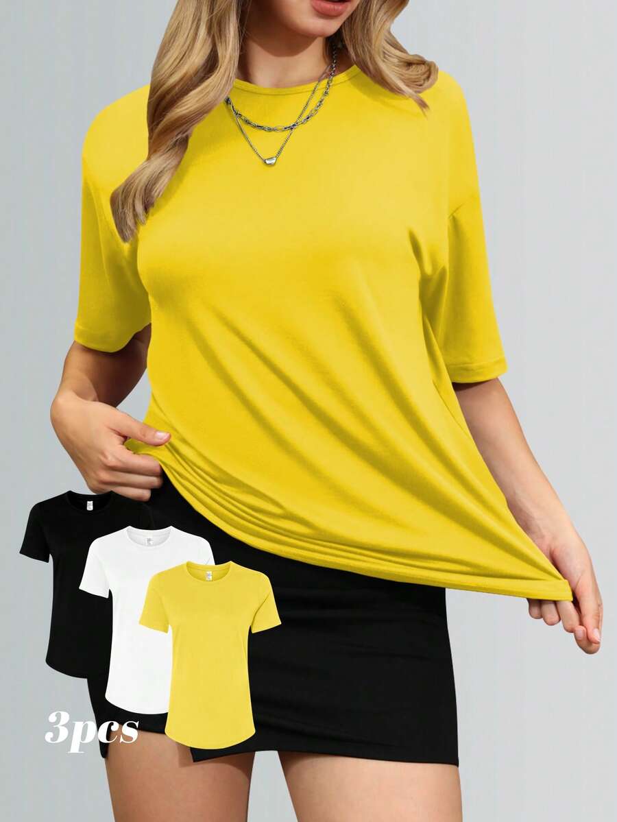 3pcs/Set Women's Solid Color Round Neck Ruched T-Shirts, Minimalist Fashion Summer Style - Yellow - View 1