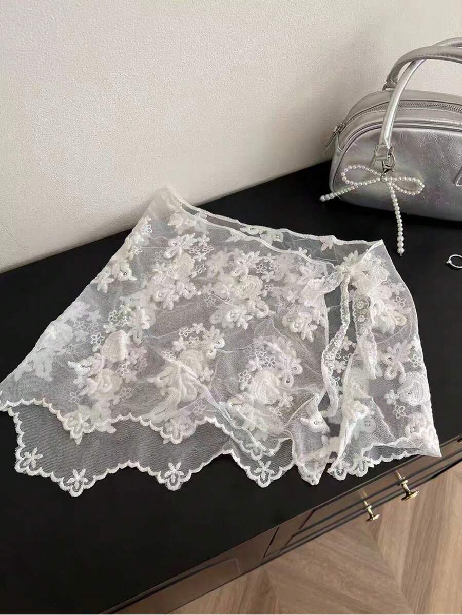 1 chiếc váy in họa tiết ren trắng viền bèo, kiểu dáng đa năng, khăn choàng bằng polyester in hoa. - Nhiều màu - Xem 1