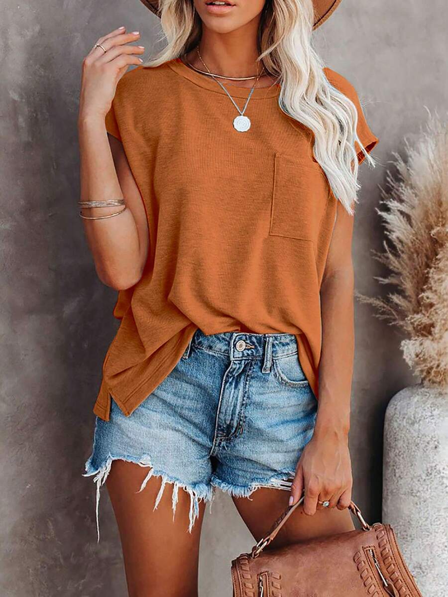 Women's Solid Color Batwing Sleeve Loose Casual T-Shirt, Summer Pocket Patch Top - Rust Red - View 1