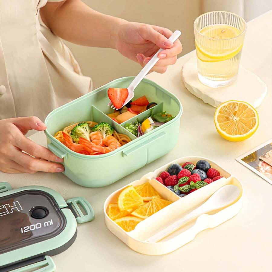1pc Microwave Bento Box, High-Quality Portable Lunch Box With Utensils Spoon, Food Storage Container - Multicolor - View 1