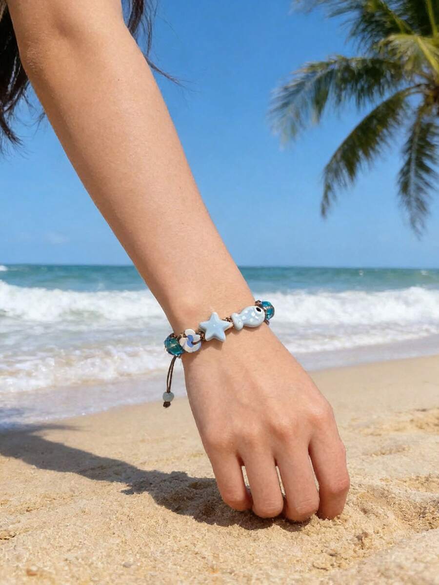 1件装女士度假风甜美鱼星花编织手链，适合日常佩戴 - 彩色 - 查看 1