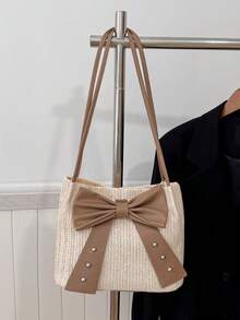 Solid Color PU Leather Bow Decor Lightweight Fashionable Women's Large Capacity Shoulder Bag, Elegant Lady Handbag - Khaki - View 7