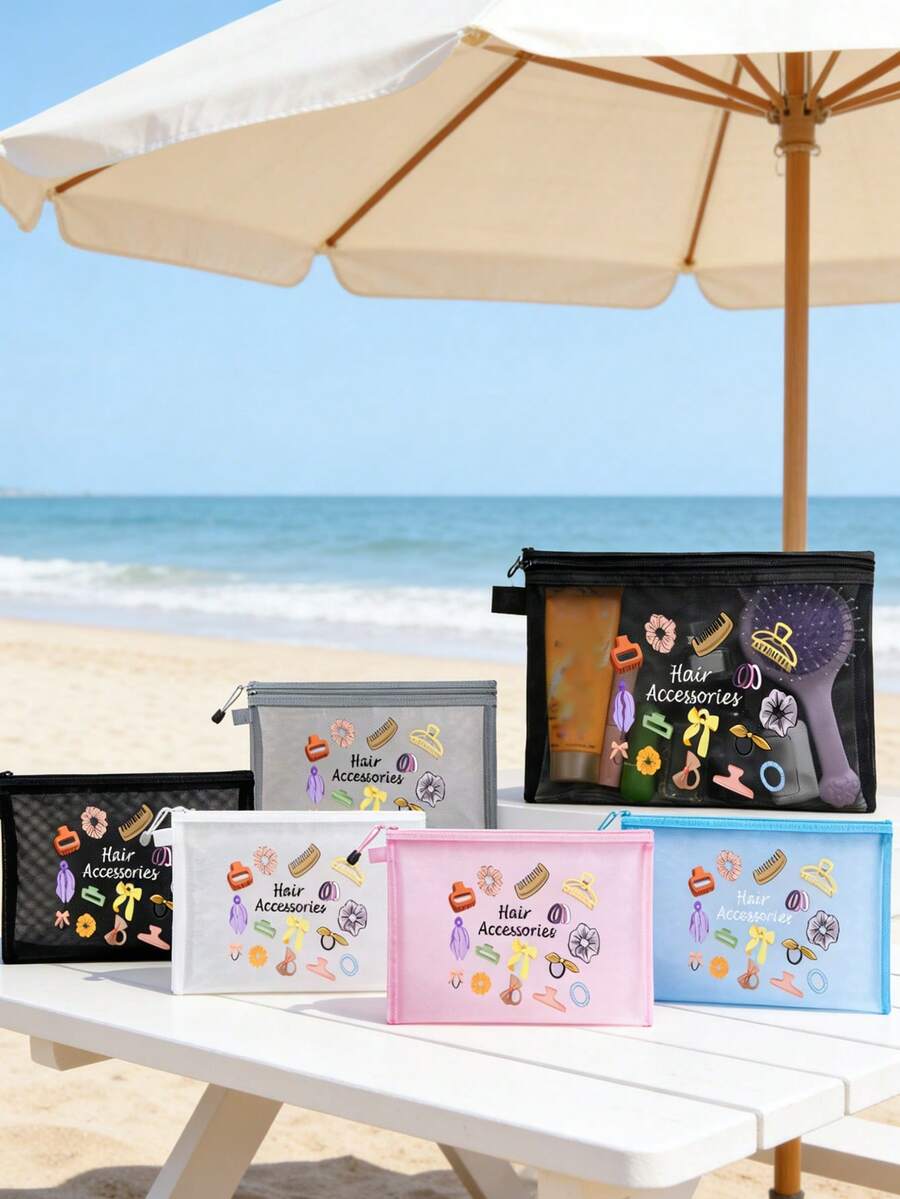 Multipurpose Mesh Cosmetic Bag With Colorful Cartoon Hair Accessories Pattern, Cute Clear See-Through Travel Makeup Pouch, Lightweight Breathable Zipper Toiletry Bag - Multicolor - View 1