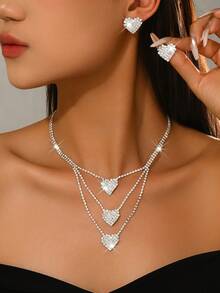 1 dây chuyền choker hình trái tim nhiều lớp + 1 đôi bông tai, bộ trang sức cưới pha lê thanh lịch, chất liệu đồng, phù hợp với váy dạ hội, váy phù dâu, quà tặng Ngày của Mẹ và quà kỷ niệm. - Bạc - Xem 5