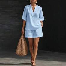 2026 Spring/Summer European And American Solid Color V-Neck Linen-Cotton Casual Top And Shorts Two-Piece Set - trắng - Xem 7