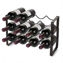 Estante apilable para vino 12 botellas mostrador de gabinete de vino de 3 niveles soporte para estante y almacenamiento soporte para botellas de vino de metal no empotrado para gabinete - Marrn - Ver 2