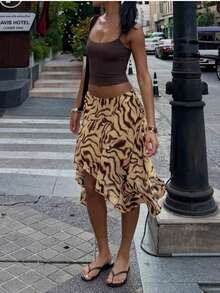 女士时尚，夏季，不对称下摆，及膝波西米亚风半身裙，波浪印花，优雅性感，适合海滩、度假、约会 - 黃色 - 查看 3