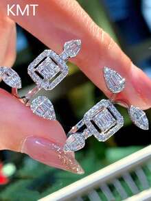 KMT 1 pieza Anillo abierto asimétrico en forma de gota de agua con incrustaciones de cúbico de circonio de cobre, joyería de lujo para vestido de noche, boda y fiesta, regalo para novia, mejor amiga, Día de San Valentín - estilo geométrico - Ver 6