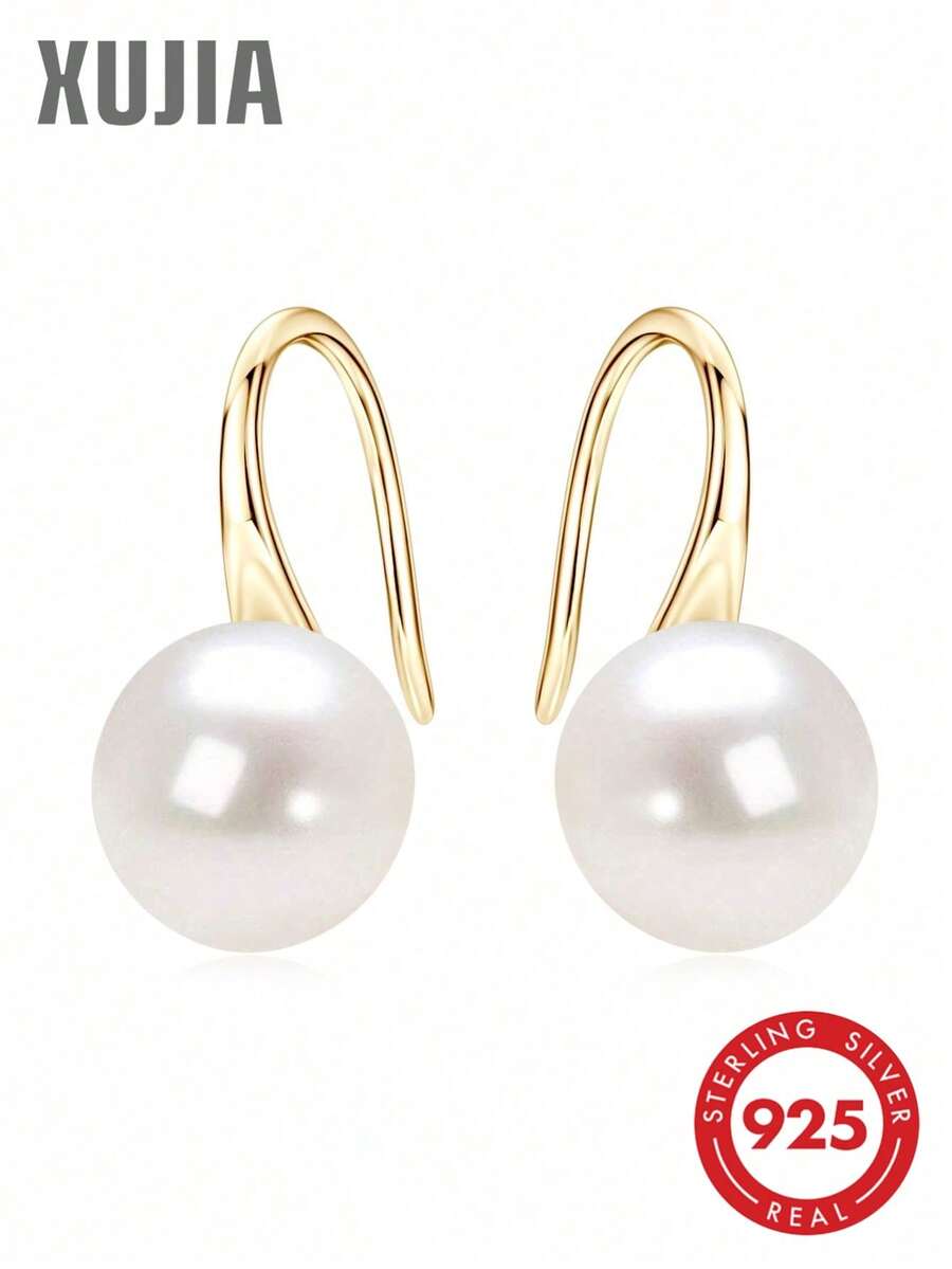 XUJIA 1 Đôi bông tai ngọc trai nước ngọt tự nhiên màu trắng hình bánh mì, kích thước 9.5-10mm, móc cài bằng bạc sterling 925, món quà kỷ niệm, cưới hỏi, sinh nhật thanh lịch tối giản dành cho phụ nữ.