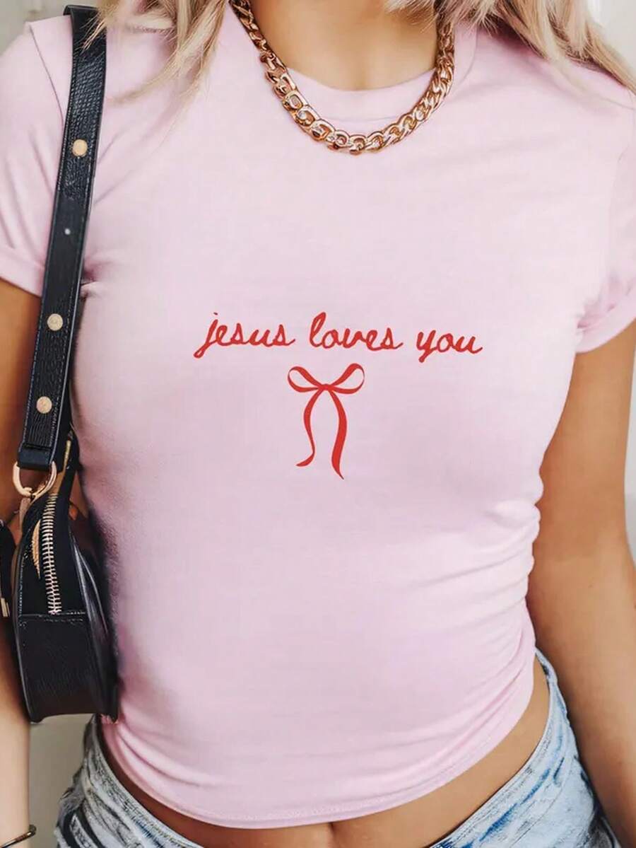 [Crop Top] Jesus Loves You Christian Baby Tee, Christian Merch Jesus Shirt, Christian Faith Gift, Christian Apparel2026tops Women Summer,Cute Clothes - 粉色 - 查看 1
