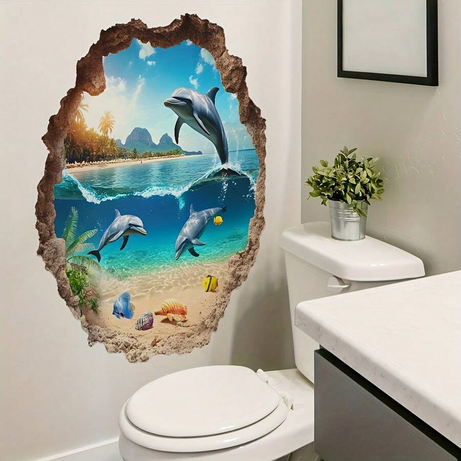1件裝 2D 熱帶海洋海豚牆貼,可移除防水 3D 視覺海洋動物貼紙,兒童房海洋主題浴室牆面裝飾 - 海洋窗貼 - 查看 1