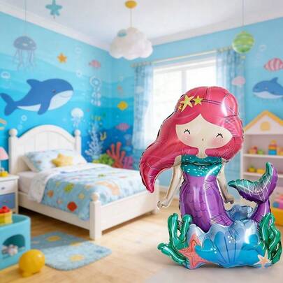 1 Set Ocean Theme Standing Mermaid Shape Aluminum Foil Balloon Decor, Includes Mermaid Shape Aluminum Foil Balloon, Easy To Inflate, Vivid And Dreamy Mermaid Tail, Coral Seabed Details