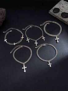 5pcs Punk Cross Bracelet Set, Men's Personalized Hip Hop Metal Accessories, Suitable For Daily Wear, Party, And Holiday Gifts - 4pcs - 查看 6