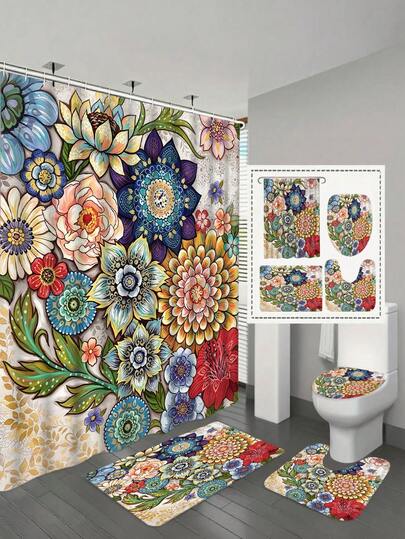 1/4 件套波西米亚风花卉浴帘套装，亮色布艺花卉浴帘 - 防水涤纶浴帘，防滑浴室垫，U 型马桶垫，带 12 个挂钩 - 现代风格，适合家居装饰、浴室装饰及配件，易于清洁和保养，优雅的乔迁礼物 - 四季皆宜