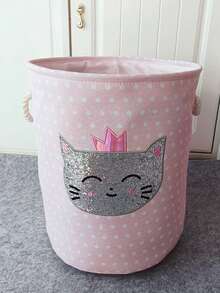 1 pieza Cesta de lavandería con diseño de gato con lentejuelas, cesta de almacenamiento plegable de tela - Rosa - Ver 8