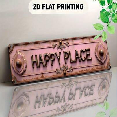 2D Flat - 2D Vintage Wall Decor - 3.94X15.75 Inch Sign, Featuring "HAPPY PLACE" Text, Floral Corner Design, And Distressed Pink Background - Suitable For Home, Cafe And Office Decor - Pre-Drilled Holes For Easy Hanging