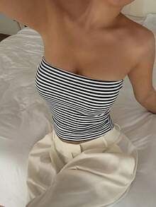 Vaiaye 女士性感无肩带弹力修身条纹印花基本款背心，时尚无肩带吊带T恤，适合春夏穿着 - 黑白條紋 - 查看 7