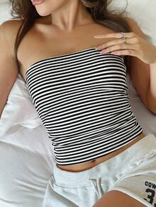 Vaiaye 女士性感无肩带弹力修身条纹印花基本款背心，时尚无肩带吊带T恤，适合春夏穿着 - 黑白條紋 - 查看 8
