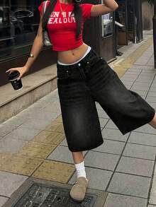 少女潮流黑色破洞宽松阔腿牛仔七分裤，街头风 - 黑色 - 查看 2