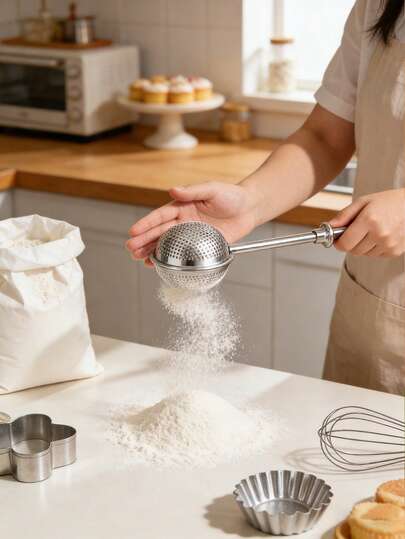 1 pieza Tamiz de harina de acero inoxidable para la cocina, de operación con una sola mano, para enharinar, azúcar glass, utensilio de cocina