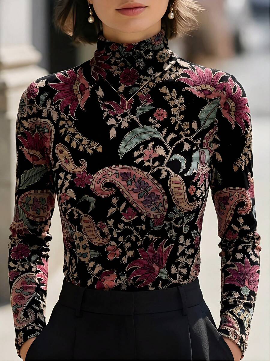 Elegaris Atasan lengan panjang model turtleneck motif paisley vintage, kain lembut dan elastis, blus motif bunga gaya retro yang serbaguna.