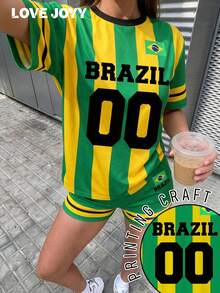 Bộ đồ thể thao nữ LOVE JOYY kiểu áo bóng đá Brazil, gồm áo thun ngắn tay kẻ sọc và quần short, thích hợp cho mùa hè, xem các trận bóng đá và các dịp thể thao. - Nhiều màu - Xem 9