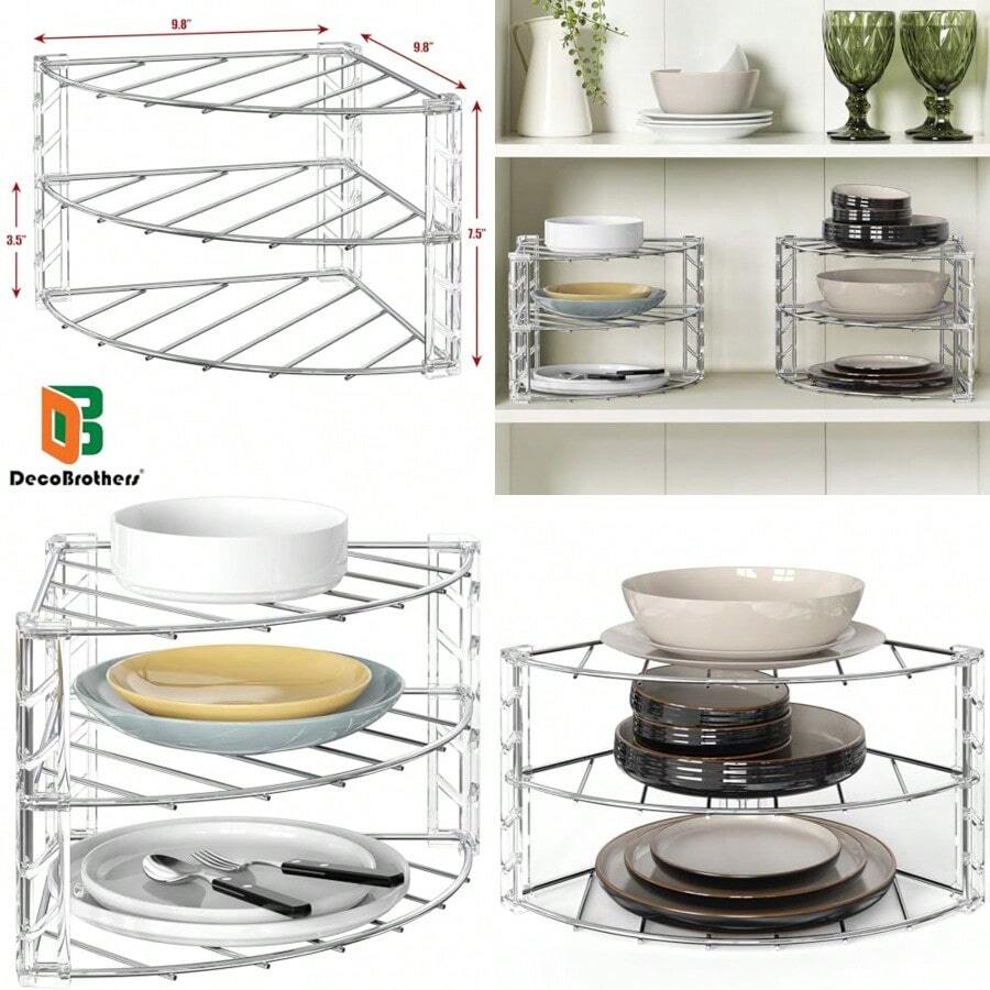DecoBros 3-Tier Counter and Cabinet Corner Shelf Organizer Chrome - Plateado - Ver 1