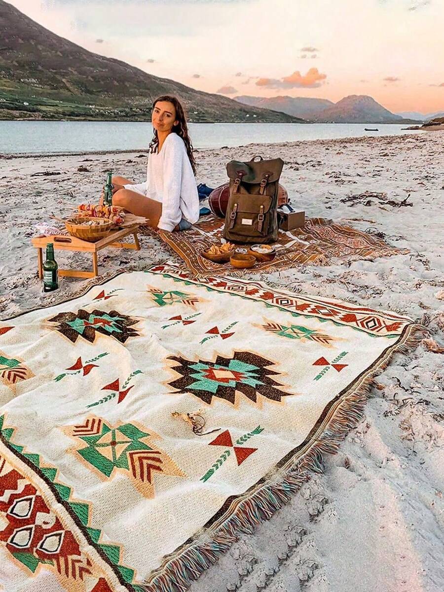 Portable Thick Picnic Mat - Bohemian Style, Machine Washable, Tear-Resistant, Vibrant Geometric Pattern - Ideal For Outdoor Picnics, Hiking, Camping, Beach, And Indoor Decor, Can Be Used As Camping Mat, Sofa Beach Towel, Tent Mat, Heat Insulation Blanket, Picnic Blanket, Camping Essentials, Camping Gear, Home Decor Carpet - Color - View 1