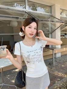 Áo thun nữ tay ngắn cổ tròn thắt nơ ngọt ngào mùa xuân/hè mới, kiểu dáng độc đáo ôm sát, thích hợp mặc nhiều lớp. - Màu be - Xem 1