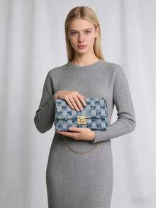 Women's Diamond Quilted Jean Flap Crossbody Bag,Jean Plaid Print Patchwork Strap Fashion Versatile Shoulder Bag,Solid Color Diamond-Shape Small Fragrant Wind Hair Edge Metal Closing Design Shoulder Square Bag, Classic Check Pattern Shoulder Purse,Women's Bags New Style, Crossbody Bag,Suitable For Office, University, Work, Business, Commuting, Outdoor Activities, Travel And Outings[US Local Warehouse]The Best Gift Choice, Birthday Gift - 藍色 - 查看 6