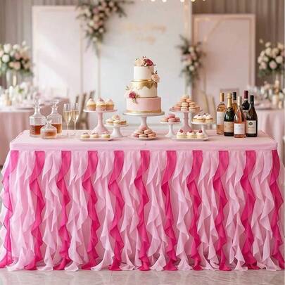 Ombre Pink Chiffon Table Skirt, 72.8 Inch (185cm) X29.9 Inch (76cm) Ruffle Table Cloth For Rectangle Tables, Fluffy Tutu Table Skirt For Baby Shower, Wedding, Birthday Party, Bridal Shower Decorations