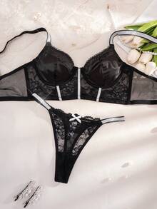 1 Conjunto de Sujetador y Ropa Interior de Mujer de unicolor con Encaje y Alambre de Plata, Cómodo - Negro - Ver 1