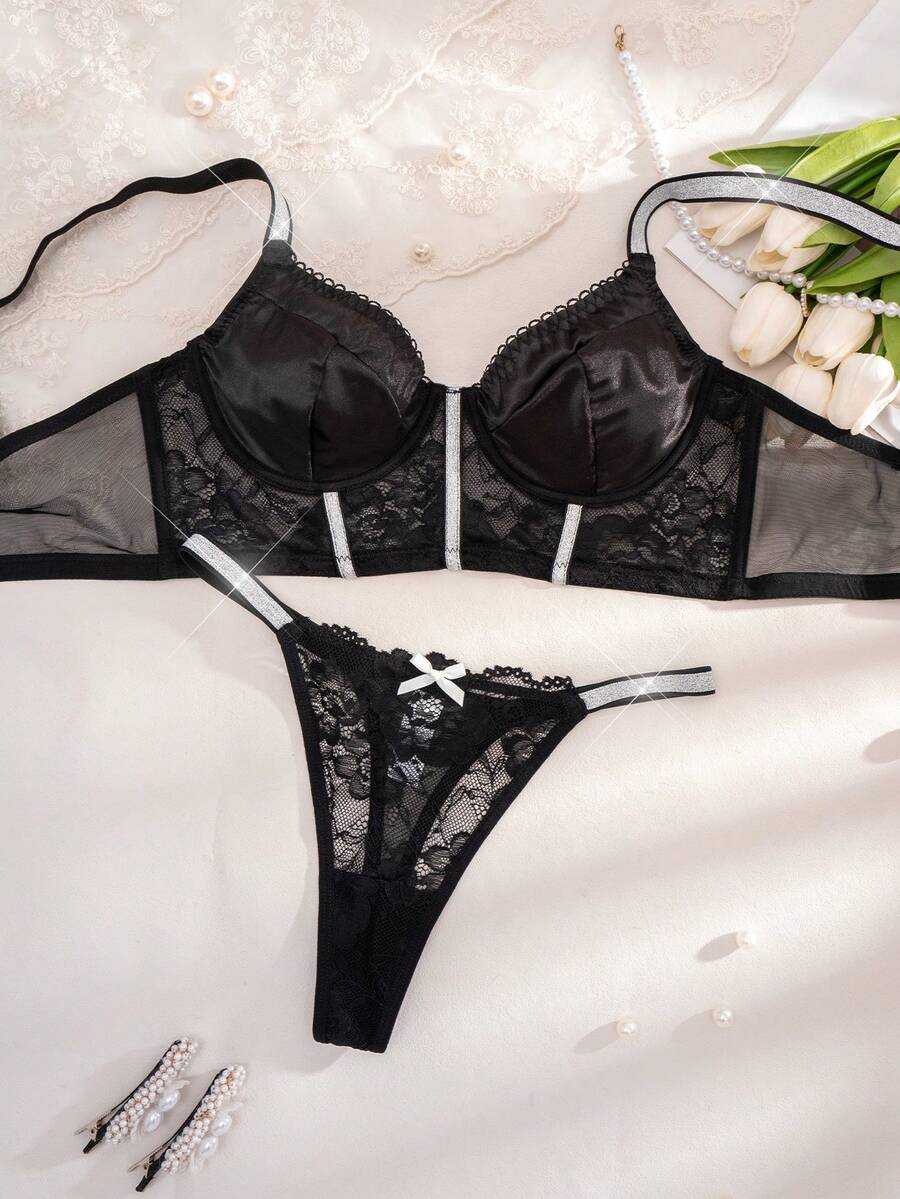 1 Conjunto de Sujetador y Ropa Interior de Mujer de unicolor con Encaje y Alambre de Plata, Cómodo - Negro - Ver 1