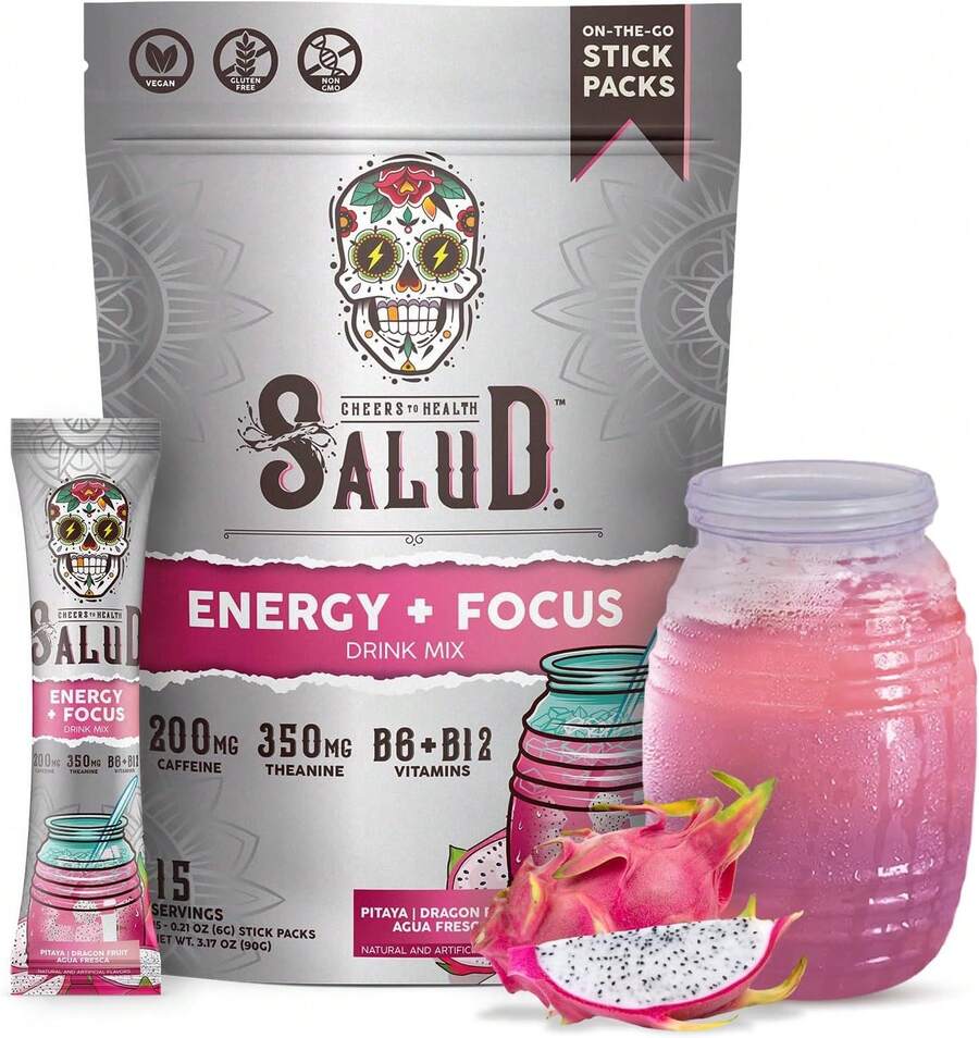 Salud 2-In-1 Energy Drink Powder + Focus, Pineapple Mango, Organic Caffeine, B6 + B12, Theanine, Clean Energy Drink Packets, Agua Fresca Mix, Non-GMO, Gluten Free, Vegan, 1g Of Sugar, (15 Servings) - 火龍果 - 查看 1