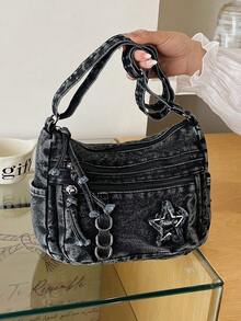 New Chic Casual Shoulder Bag Made Of Soft, Multi-Layered Denim With Multiple Pockets, Versatile, Suitable For Work, Shopping And Travel. - Hot Pink - View 4