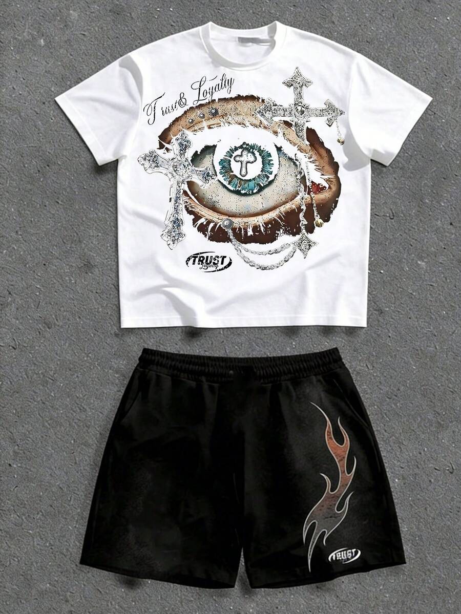 2PCS Youth Boys Y2K Set Summer Round Neck Short Sleeves And Shorts - Cross Eyes - Printed T-Shirt Set, Suitable For Boys To Return To School, Parties, Outdoors, And Travel - 白色 - 查看 1