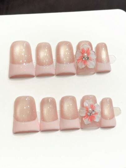 YADORNOS 10pcs Sweet Floral French Tip Cat Eye Handmade Press On Nails, Pink Nails 3D Flower & Rhinestone Pearl Fake Nails, Short Duckbill Nails Acrylic Nails For Daily & Bridal Wear, With Jelly Glue And Nail File, DIY Nail Art Supplies