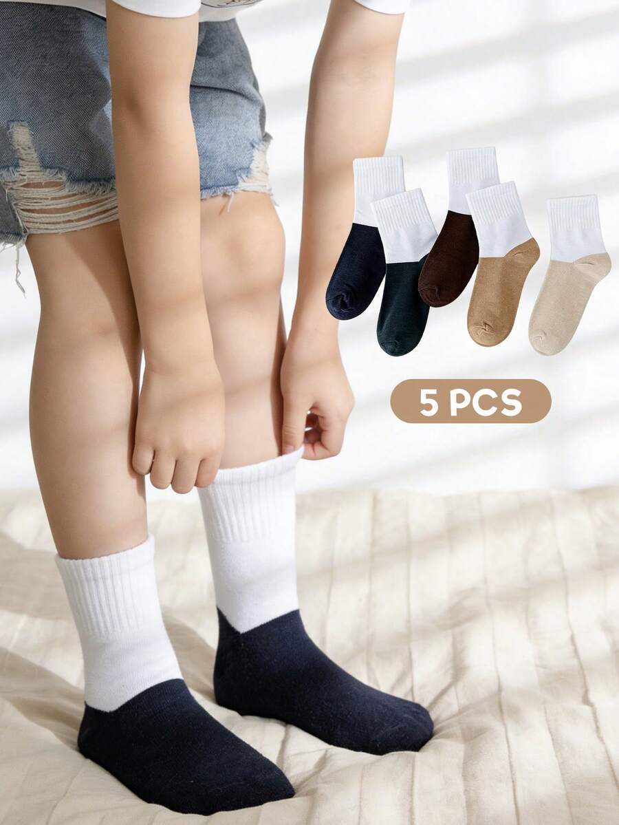 5 Pairs Kids/Students Color Block Sports Socks, Moisture-Wicking Athletic Socks For School, Sports Competition, Versatile - Multicolor - View 1