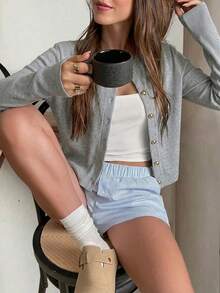 Women's Solid Color Cardigan, Button Style, Fitted Long Sleeve Top, Suitable For Spring/Summer Outings, Vacations And Daily Wear - Grey - View 2