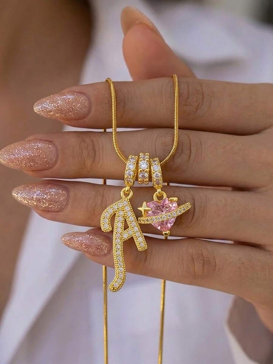 1 chiếc vòng cổ mặt dây chuyền hình chữ cái A-Z và trái tim màu hồng kiểu Y2K tối giản, đính đá Cubic Zirconia, chất liệu thép không gỉ, trang sức thời trang tinh tế, đa năng, phù hợp để đeo hàng ngày và làm quà tặng. - Vàng - Xem 1