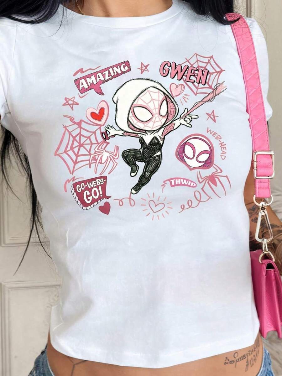 Korean Style Fashionable Women's-ShirtMarvel Gwen And Her Friends Checkered Tee Ghost Spider Spin Gwen Crop Top MCU Comic Tee Gifts Cute Fans,Graphic-Shirt, And Cute,Ropa,Tops De Mujer,,Goth,Motif Women Clothes,Korean Fashion Women,Cute Tops Women,Summer Tops,Summer Clothes,Tops,Shirts,Summer Outfits Women,Vacation Outfits Women,Spring Outfits Women,Casual Fashion, Comfortable All Seasons - trắng - Xem 1