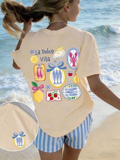 Teen Girls Fresh Aesthetic "Sweet Life" Seafood Print T-Shirt, Comfortable Loose Fit Top Suitable For School And Leisure In Summer