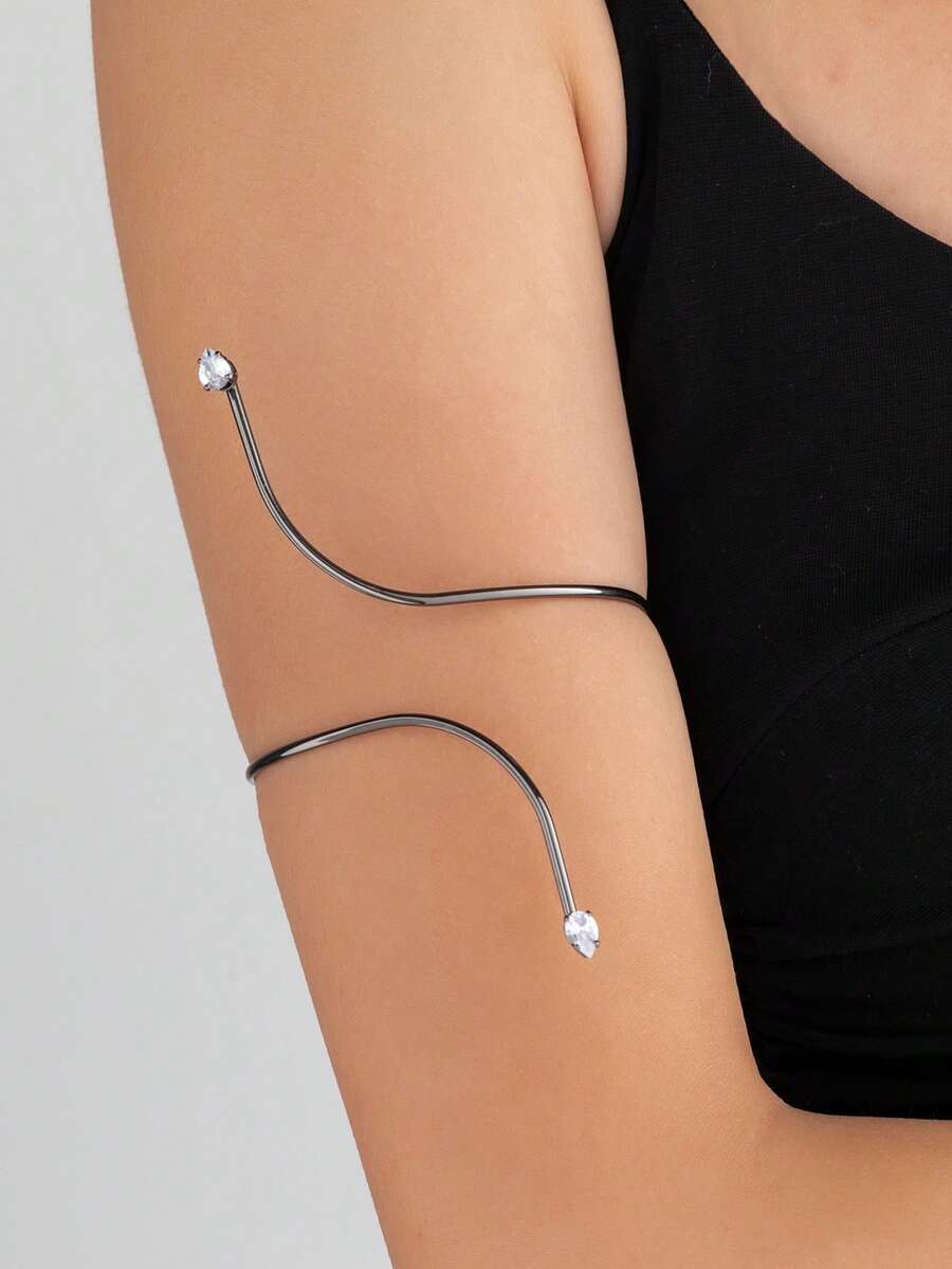 1pc Women's Minimalist Double-Ended Rhinestone Creative Design Fashionable Niche Arm Cuff, Suitable For Daily Wear - Gun Black - B914 - View 1