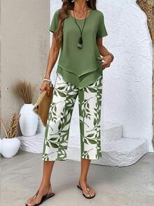 Women's Summer Green Leaf Print 2 Piece Outfit, Lightweight Breathable Asymmetrical Hem Short Sleeve Top & Capri Pants Set For Daily & Vacation Wear,Women's Sports Suit,Sportswear,2 Piece Sets Woman,Two Piece Set Women,Summer Outfits For Women,Summer Clothes,Beachwear,Vacation Outfits Women,Vacation Essentials - 綠色 - 查看 1